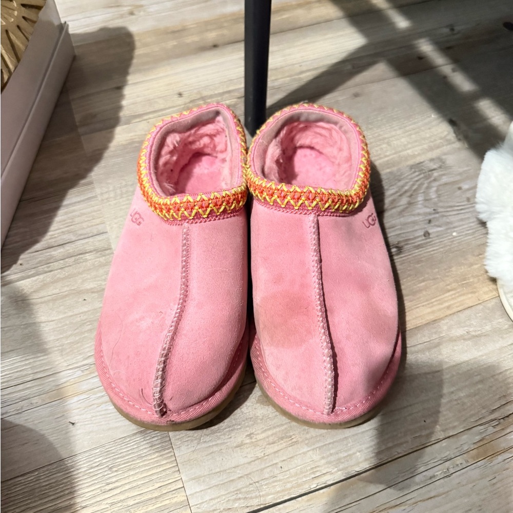 UGG Pink Suede Slippers with Multicolor Trim